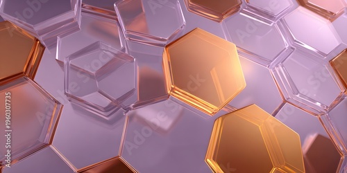 Abstract geometric pattern of interconnected hexagons with metallic and glass textures in shades of gold and purple for modern design