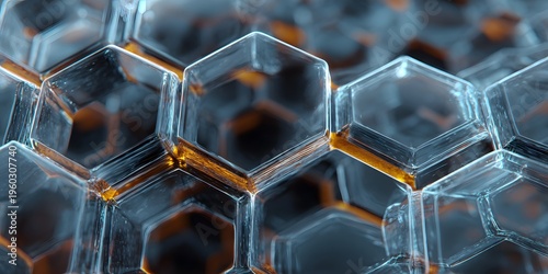 Close-up of a honeycomb structure with transparent and reflective hexagonal cells showcasing geometric patterns and architectural design
