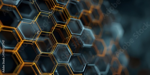 Abstract futuristic technology background featu interconnected hexagonal shapes and glowing lines in dark tones with gold accents