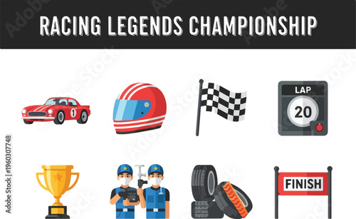 Icon set showcasing racing elements for a championship event including cars, helmets, flags, and trophies