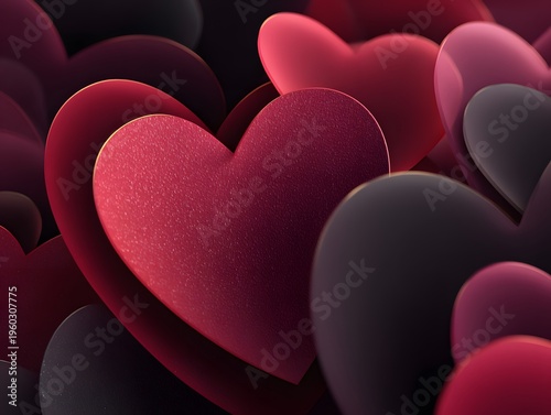 Close-up of numerous hearts in shades of pink red and black with textured and smooth surfaces for love romance or celebration themes