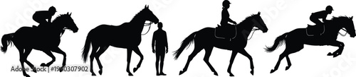 Horse riding silhouette collection with jockeys galloping and training poses, isolated on white background, ideal for equestrian sport design, racing concepts and outdoor activity visuals