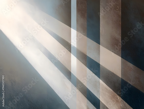 Abstract interior design with diagonal shadows and light beams on textured wall creating geometric pattern and artistic ambiance