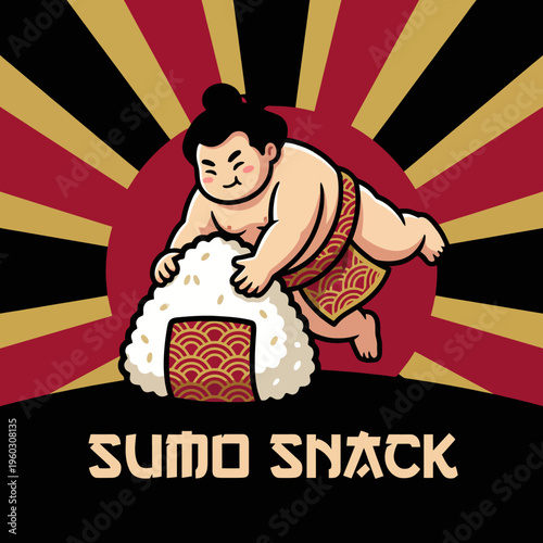 This playful image depicts a sumo wrestler character with sushi, embodying a fun fusion of culture and cuisine, perfect for a quirky restaurant or food brand.