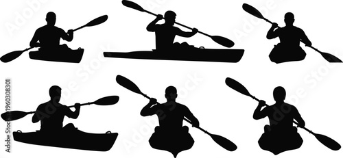 Kayaker silhouette set showing paddling action in different angles and poses, isolated on white background, ideal for outdoor adventure, water sport and recreation design use
