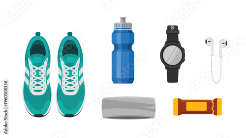 Flat Lay of Sport and Fitness Accessories: Running Shoes, Water Bottle, Smartwatch, Earphones, Towel, Snack Bar