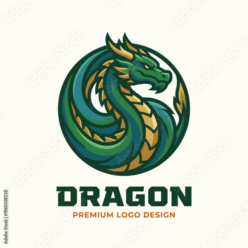 An intricate dragon logo showcasing rich green hues and a fierce expression, ideal for brands representing strength, power, or mythical themes in design.