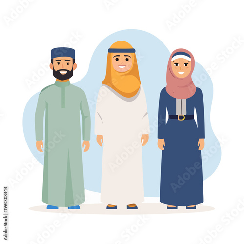 Middle Eastern avatars featuring men and women wearing traditional clothing like thobes and hijabs in a clean flat illustration style.