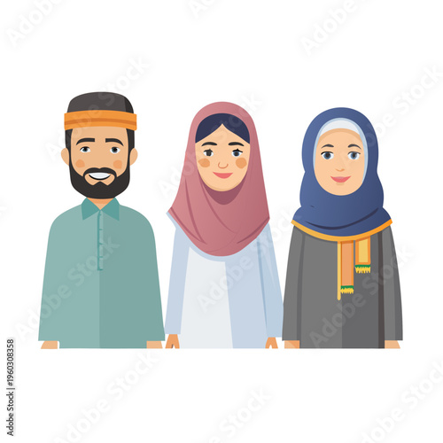 Middle Eastern avatars featuring men and women wearing traditional clothing like thobes and hijabs in a clean flat illustration style.