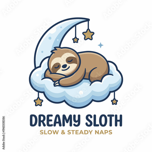The image showcases a peaceful sloth sleeping on a fluffy cloud, surrounded by stars and a crescent moon, evoking a sense of calm and tranquility.