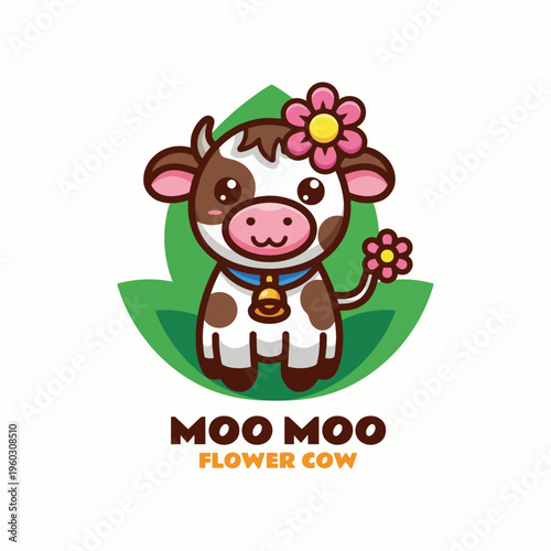 This image features an adorable cartoon cow named Moo Moo, adorned with a flower in its ear, exuding charm and playfulness while standing on a green leaf.
