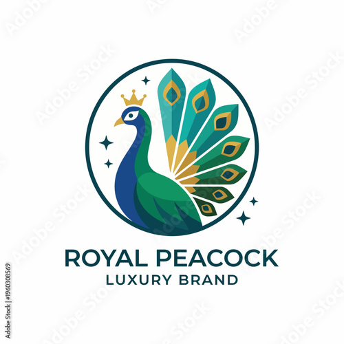 The logo showcases an elegant peacock with a crown, emphasizing luxury and sophistication while representing beauty, pride, and elegance through vibrant colors and intricate design.