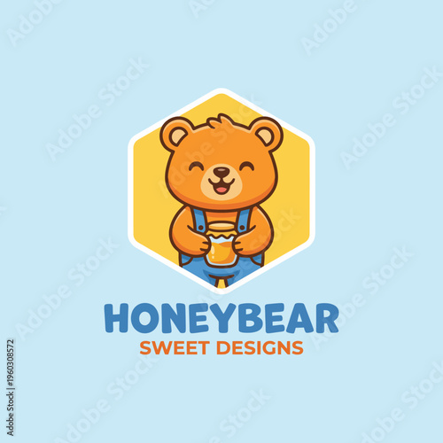 This adorable honeybear with a smiling face holds a jar of honey, exuding warmth and sweetness, symbolizing comfort and the delights of nature's treasures in a charming way.