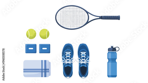 Tennis Sport Equipment Flat Lay. Racket, Balls, Sneakers, Towel, Water Bottle. Fitness Gear Vector Illustration.