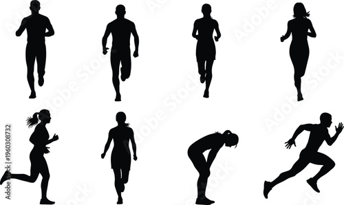 Running people silhouette set, male and female joggers in motion, fitness and training concept isolated on white background for sport, health and active lifestyle