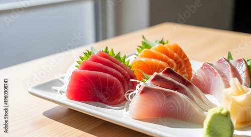 Delicious Assorted Sashimi Plate Featuring Fresh Tuna And Salmon Slices Served With Wasabi And Pickled Ginger On A Wooden Restaurant Table