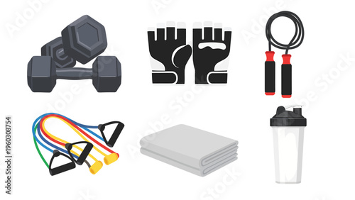 Workout Essentials: Dumbbells, Jump Rope, Resistance Bands, Gloves, Towel, Shaker Bottle. Flat Vector Illustration.