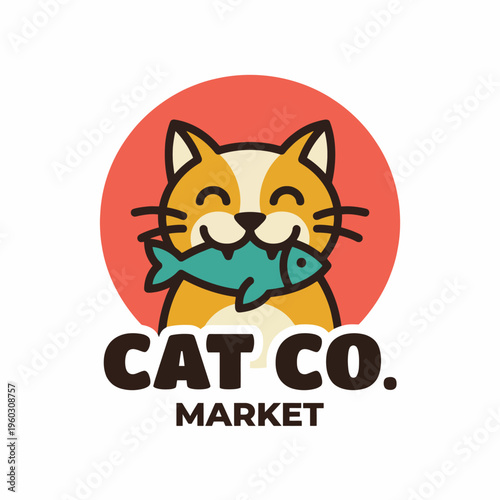 This cheerful logo features a smiling cat happily clutching a fish, symbolizing freshness and joy, ideal for markets or pet-related businesses.