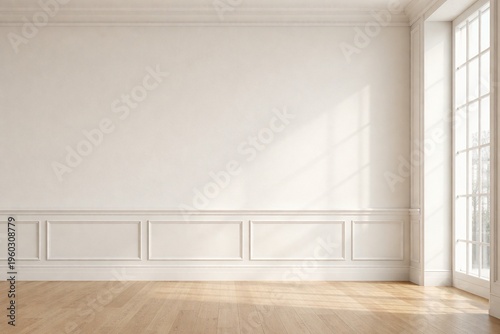 Elegant White Interior with Large Right Window, Wall Panels and Diagonal Sunlight for Premium Product Display Background
