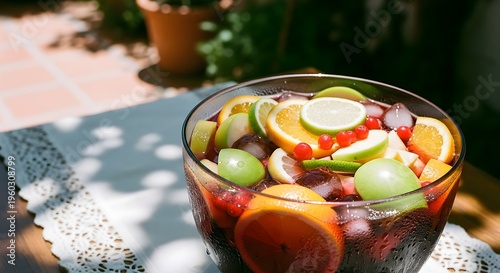 Vibrant Glass Bowl Of Refreshing Mixed Fruit Punch With Ice And Citrus Slices Outdoors