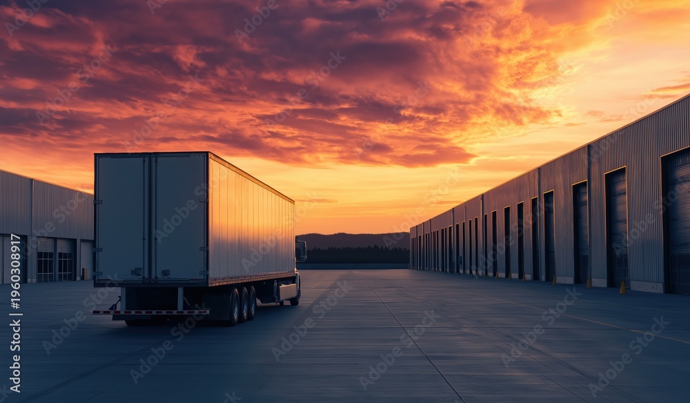 Obraz premium Semitrailer truck parked in front of a modern logistics warehouse building with many loading docks at dramatic orange sunset. Fulfilling distribution
