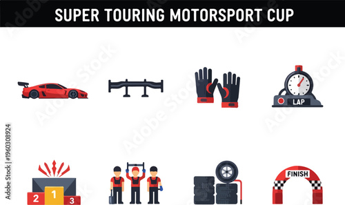 Super Touring Motorsport Cup Icons Racing car, Podium, Checkered Arch, Gloves, Stopwatch, Tires, Wings