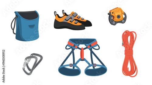 Rock Climbing Equipment Set Illustration. Essential Climbing Gear: Harness, Shoes, Rope, Chalk Bag, Carabiners, Belay Device.