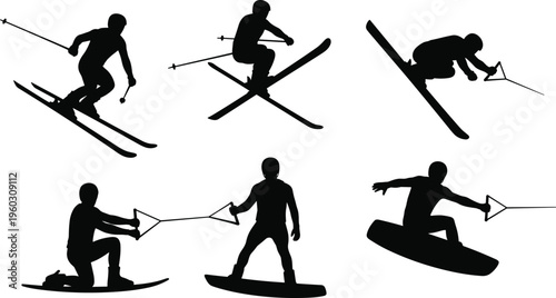 Silhouette collection of skiing, wakeboarding and watersports athletes performing dynamic tricks, extreme winter and summer action sports isolated on white background