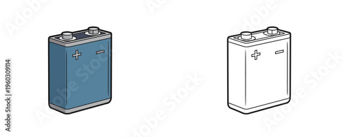 Drawn style vector illustration of a blue rectangular battery and its outline version on white background, representing power source, energy, electronics, or equipment