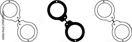 Handcuffs vector icon set featuring minimalist outline and silhouette designs for law enforcement security justice and police department branding.