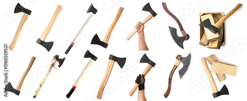 Set of many axes on white b...