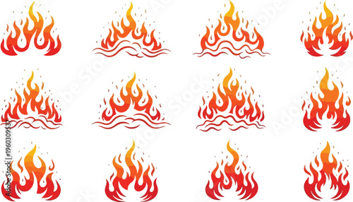 Fiery bursts of flames in various stylized artistic designs, perfect for heat and energy concepts