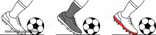 Soccer foot kicking ball icon set featuring football boots and classic soccer balls for sports coaching training and athletic competition.