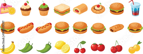 Colorful cartoon food and fruit vector set with burgers cupcakes hotdogs drinks desserts and fresh fruits isolated on white background