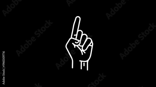 White line art hand icon with index finger pointing up. Human gesture sign for attention, direction, number one, or question.