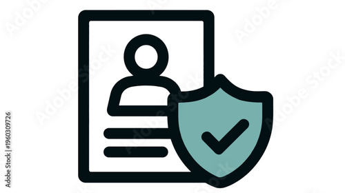 User profile security icon with checkmark shield. Identity verification, personal data protection, digital privacy and access control.