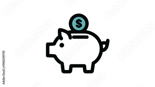 Piggy Bank with Coin Icon - Financial Savings, Investment, and Economic Growth Concept. Minimalist Line Art Design.