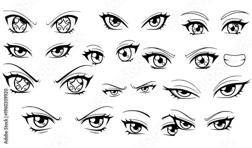 Cute anime eyes seamless pattern thin line kawaii vector design