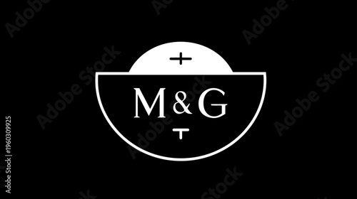 Clean minimalist black and white graphic design with M, G, T letters and a plus sign in a modern geometric emblem