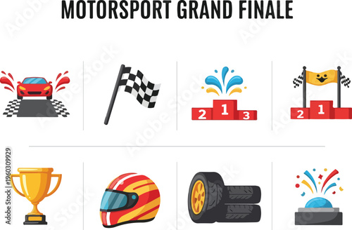 Motorsport Grand Finale Icon Set Celebrating Speed, Victory, and the Thrill of Racing