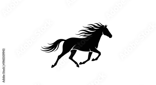 Silhouette of a galloping horse with flowing mane and tail on white background