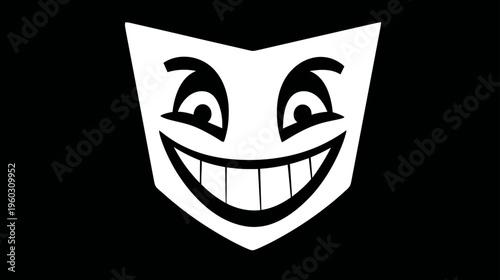 Happy smiling face illustration in black and white, cheerful graphic icon expressing joy and positive emotion on dark background