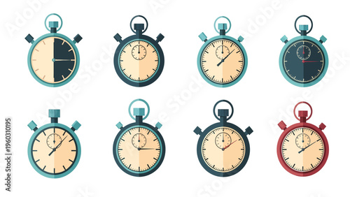 Flat Design Stopwatch Icons Set. Time Measurement, Speed, Deadline, and Chronometer Concepts Collection
