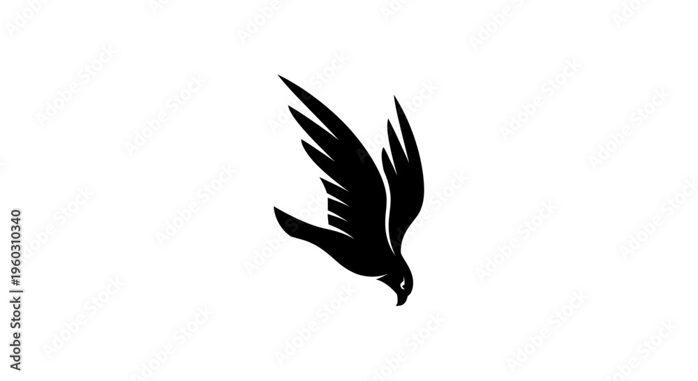 Fototapeta premium Black silhouette of a bird of prey in flight, isolated on white background.
