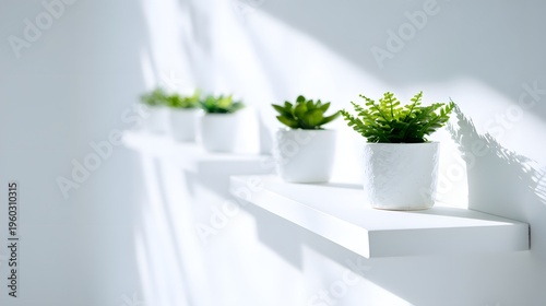 Row of Potted Green Plants on a White Shelf with Sunlight.