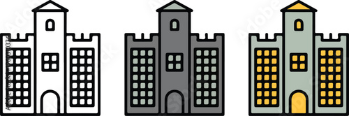 Castle fortress vector icon set featuring medieval stone buildings with towers for historical travel tourism and ancient architecture design.