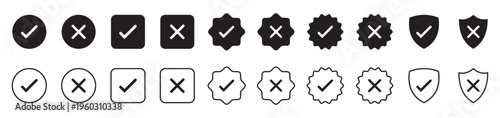 Right, wrong, tick, cross, checkmark, exclamation, question mark icons set in colorful outline and solid vector illustration.