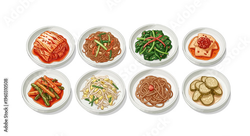 Assortment of Korean Banchan side dishes, arranged in two rows