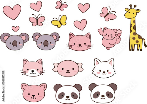 Canvas Print Cute animal face and love elements vector set with cat panda koala giraffe butte