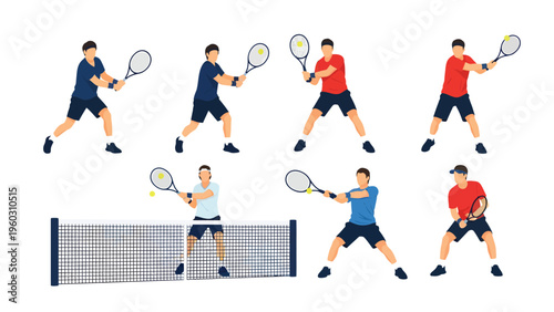 Tennis Player Vector Set: Male Athlete in Various Action Poses with Racket, Ball & Net. Sport & Fitness Illustration.